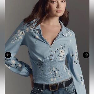 Anthropologie smocked blue top